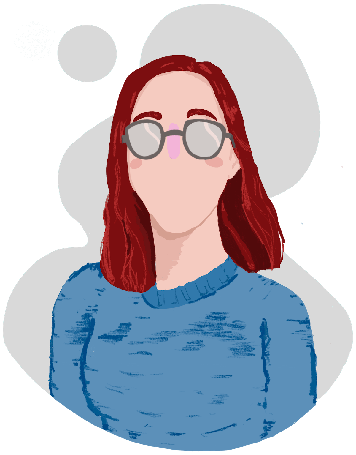 Drawing of redheaded girl in blue sweater and glasses